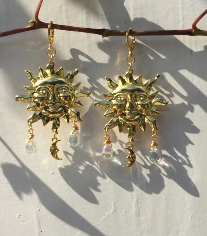 Celestial Sun and Crescent Moon Earrings/Large Gold Sun and Moon Earrings/Drop Earrings/Wicthy Witch Wicca Earring/Christmas Earrings
