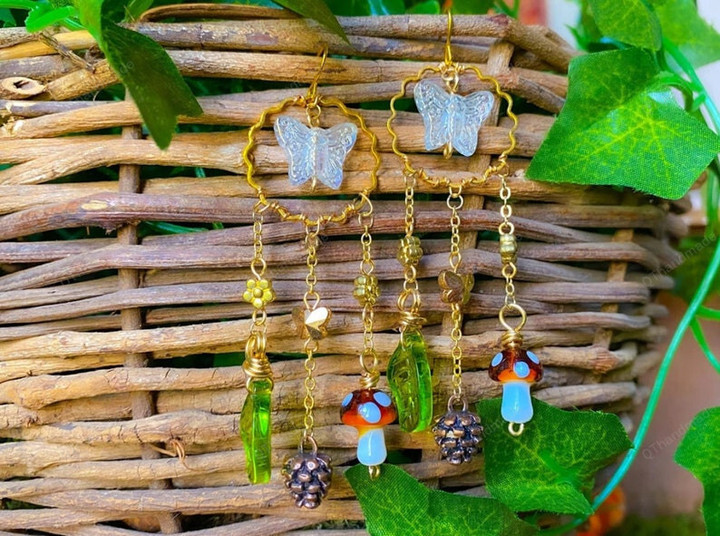 The Butterfly Forest Golden Daydream Mushroom Earrings/Dangle Celestial Earrings/Witchcraft jewelry/Dangle Drop earrings/Fairy Earrings