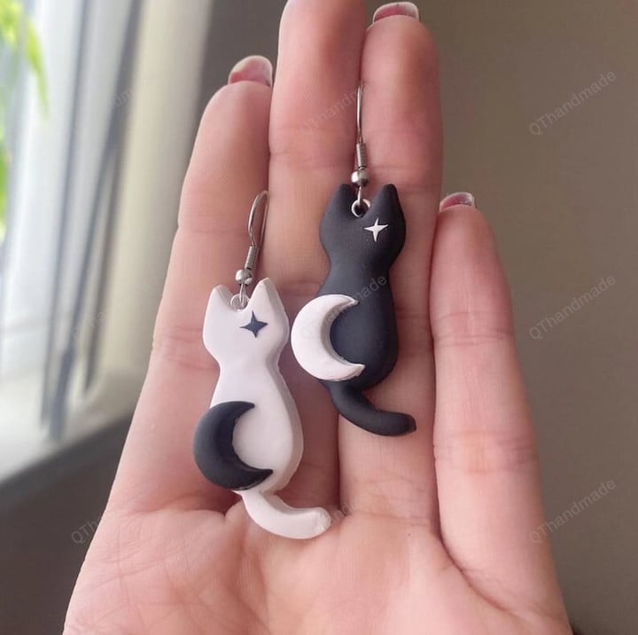 Polymer clay Celestial Black and White Kitties Earrings Witchy Cat Earrings/Woodland Earrings/Bohemian Jewelry/Celestial Gothic Witchy Witch