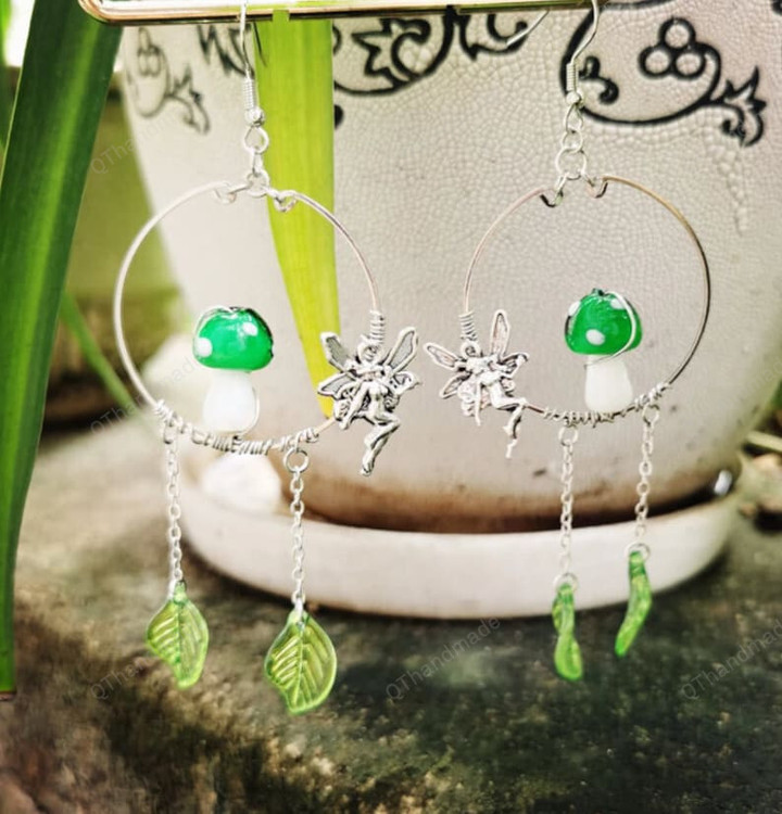 Green Mushroom Fairytale Earrings/Witch Earrings/Nature Earrings, Psychedelic/Bohemian Jewelry/Celestial Gothic Witchy Witch/Gift for mom