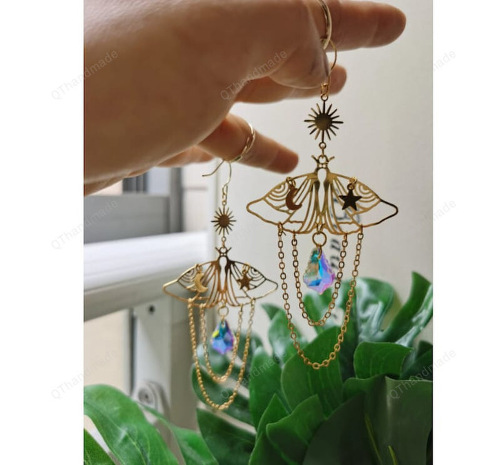Luna Moth Dangle Earrings with Moon and Star/Celestial Wanderlust Jewelry/Hypoallergenic Boho Earrings Witchy Gypsy Earring/Gift for mom