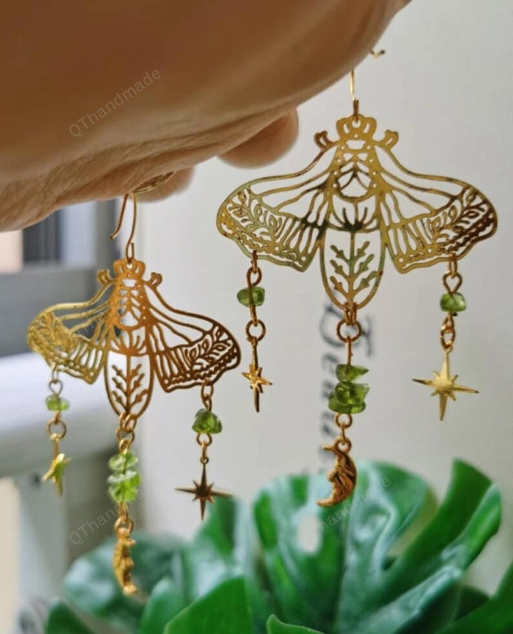 Moth Earrings/PERIDOT Gemstone Dangle Earrings/Moon Wanderlust Jewelry, Hypoallergenic Boho Earrings Witchy Gypsy Earring/Gift for mom