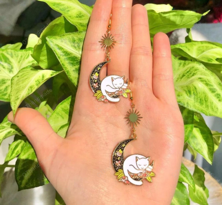 Cat on the Moon Earrings Funky Earrings Jewelry/Statement earrings/Witchcraft jewelry/Bohemian Jewelry/Celestial Gothic Witchy Witch