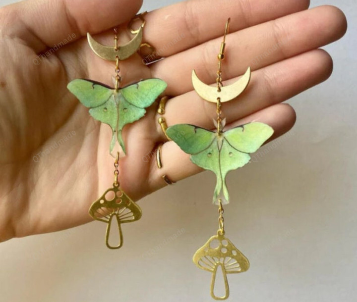 Luna Moth with Mushrooms Earrings, Hypoallergenic, Wanderlust Jewelry/Statement earrings/Witchcraft jewelry/Celestial Gothic Witchy Witch