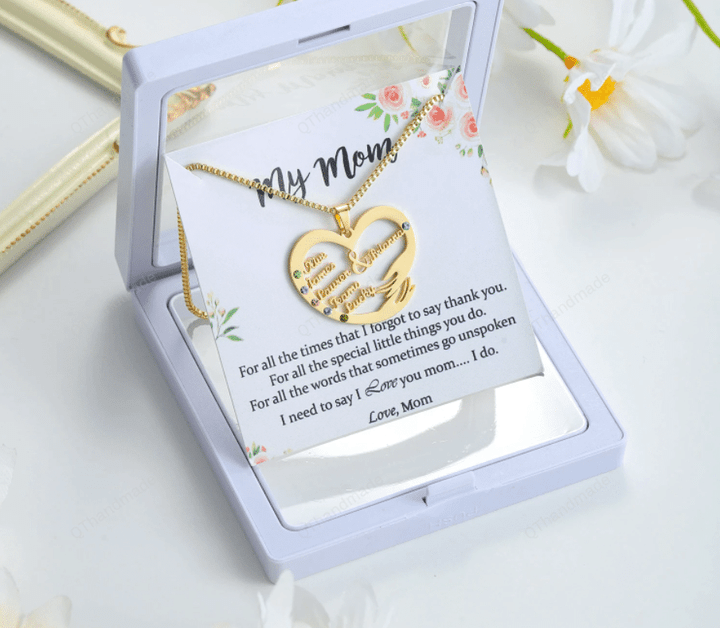 Custom Mom Necklace With Birthstones / Personalized Mother Heart And Children Name Pendant Stainless Steel Jewelry / Mother's Day Gift / Gift For Her