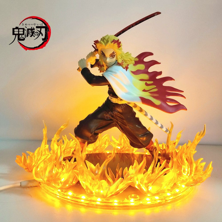 Demon Slayer Anime Figures, Rengoku Kyoujurou Fire Led Scene Action Figure, 21cm Kimetsu no Yaiba Figure