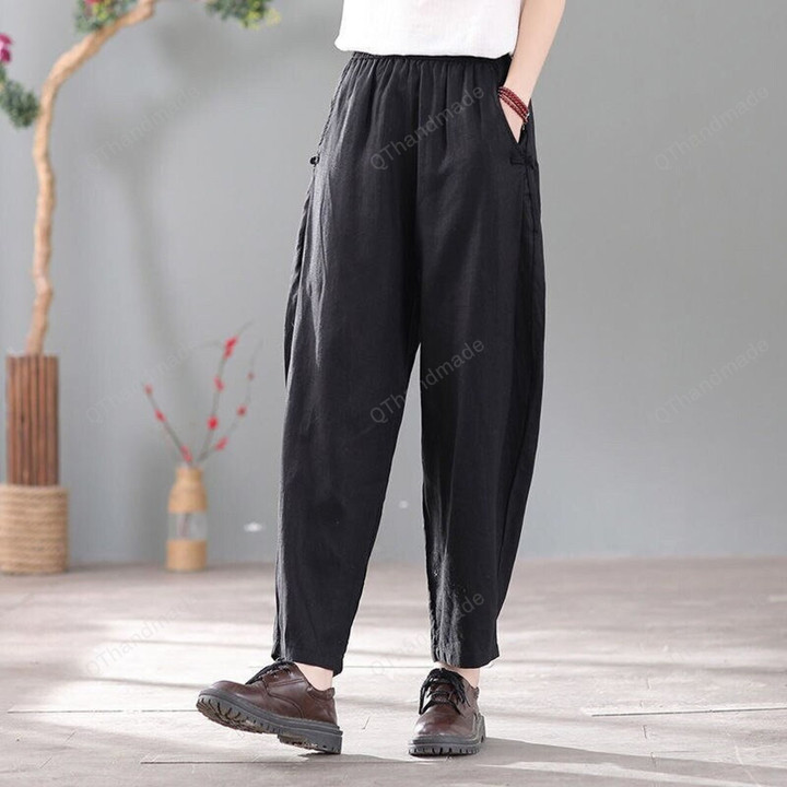 Cotton Linen Harem Pants for Women Summer Plus Size Clothes Loose Casual Elastic Waist Trousers Khaki Baggy Pants Women/linen clothing