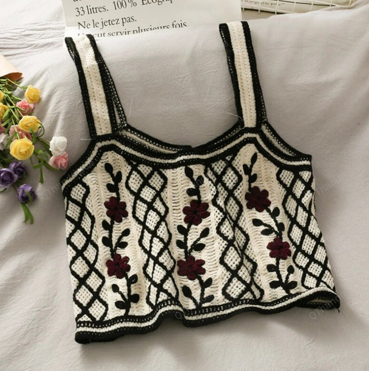 Retro Spaghetti Strap Tanke Top Woman Knitted Crop Tops Off Shoulder Flowers Camisole Sleeveless Camis For Women/Y2K Summer Camisole