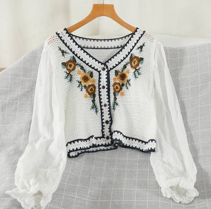Floral Embroidery Boho Shirts Blouse Crop Top Cotton Line Shirt Women Long Sleeve Blusa Cropped/Y2K Summer Camisole/Beach Clothing