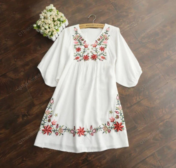 Embroidered Vintage 70s Women Mexican Ethnic Pessant Hippie Blouse Gypsy Boho Mini Dress Vestido/Summer Beach Clothing/Linen Clothing