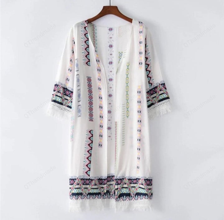 Summer P Long Cardigan Kimono Tops Casual Boho Hippie Embroidery Tassel Ladies Shirts Women Tops/Linen Clothing/Summer Beach Clothing
