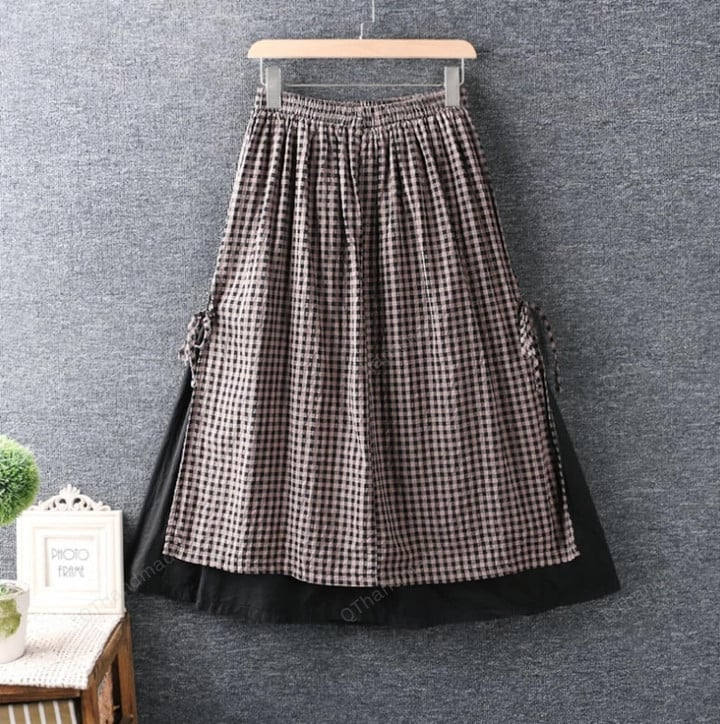Elastic Waist Plaid Cotton linen Loose Skirts Women/Mori Girl Skirt/Mori Girl Clothing/Y2k Fashion/90s Lolita Fashion/Elegant Retro Clothing