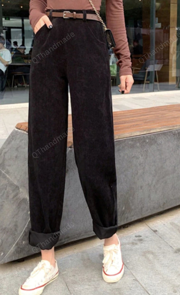 Spring New Women's Casual Loose Corduroy Wide Leg Pants/Fashion Full Length Trousers/Sashes Female Bottoms/High Waist Straight Pant
