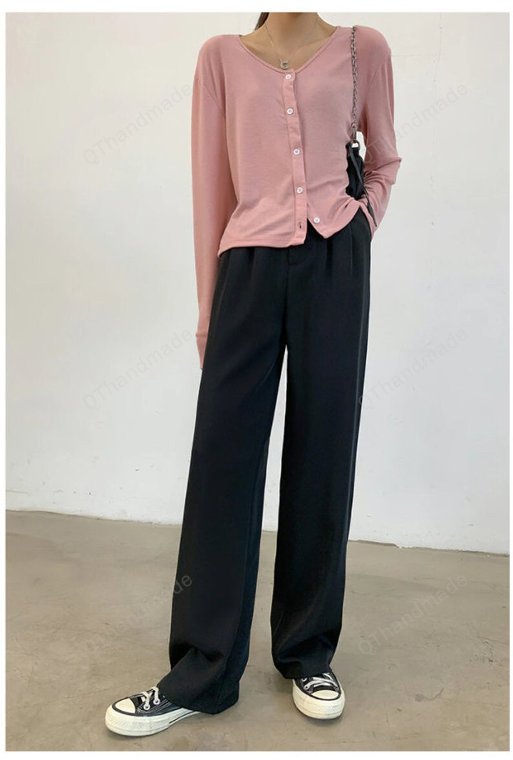 Women's Suit Pants/Spring Loose Office Lady Long Trousers/All Match Plain Straight Casual High Waist Wide Leg Pant/Gift For Her