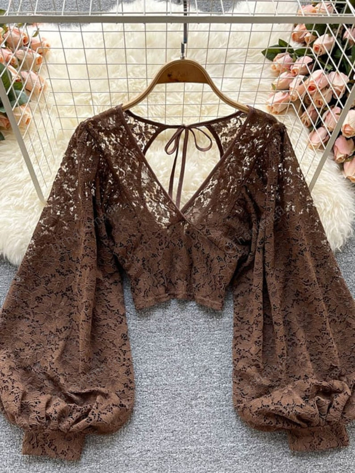 Sexy Lace Blouse, Women Elegant V-Neck Puff Long Sleeve Shirt, Gift For Her, Casual Lantern Blouse, Stand Collar Shirt, Elegant Loose Tops