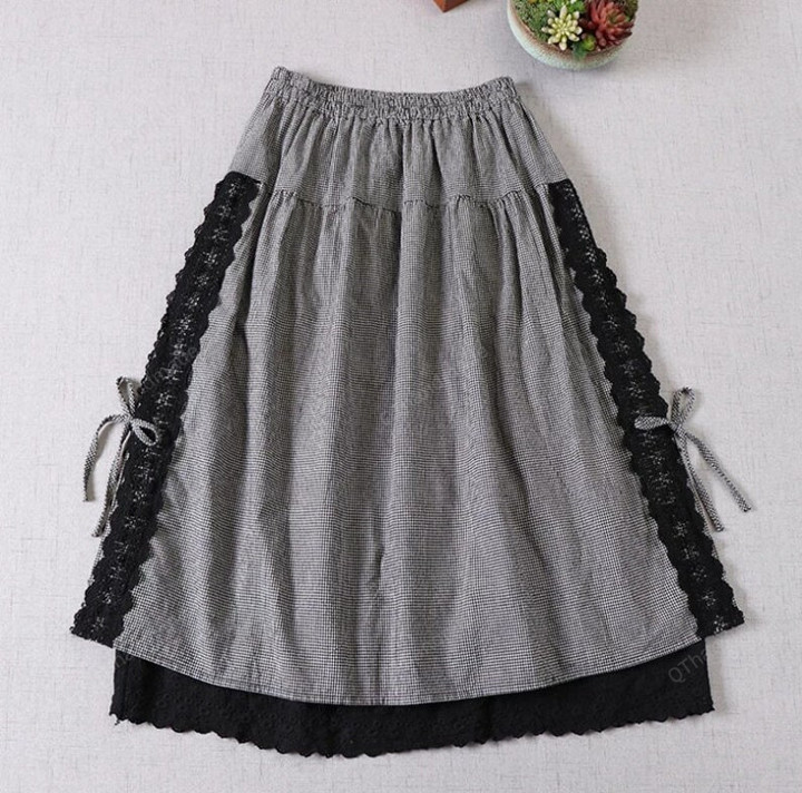 Plaid Skirt Literary Cotton Linen Loose Lace A-line Skirts/Mori Girl Skirt/Mori Girl Clothing/Y2k Fashion/90s Lolita Elegant Retro Clothing