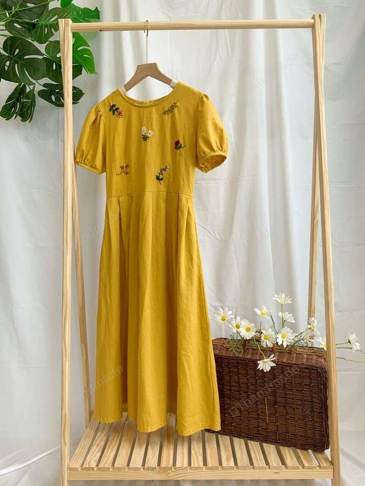 Linen Embroidery Dress, Women's Summer Long Dress, Long Dresses Women, Handmade Gift, Flower Dress, Camping Dress, Casual Dress