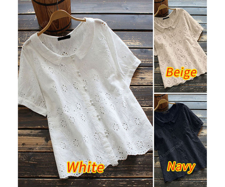 Women Embroidery Blouses/Lace Tops Short Sleeve Blusas Shirt/Linen Clothing/Casual Button O Neck Tunic Shirt/Summer Beach Clothing