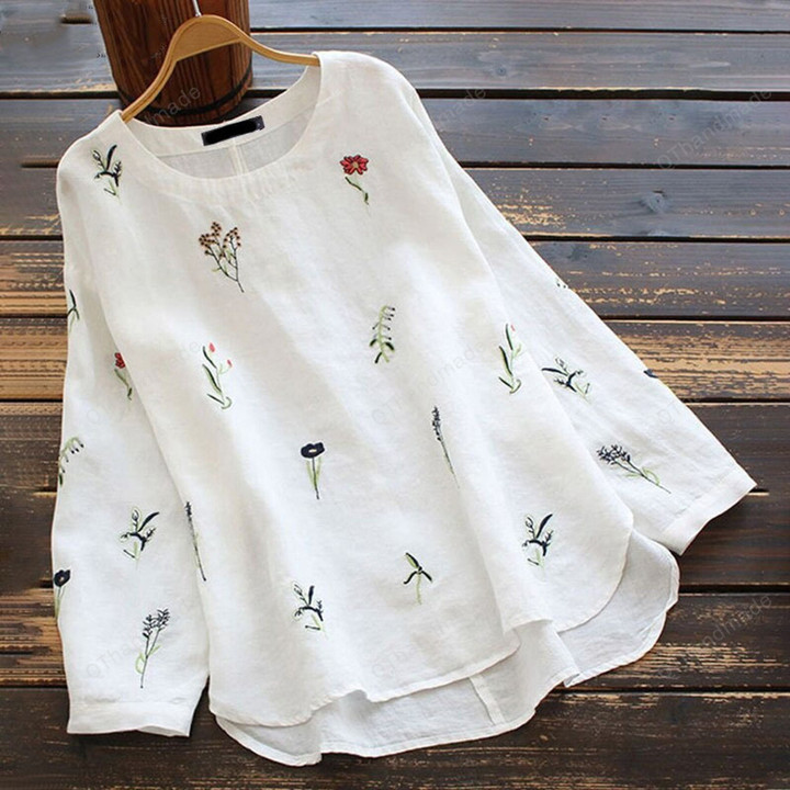 Summer Tunic Linen Blouse/Elegant Floral Blusas Long Sleeve/Casual Embroidery Flower Linen Shirt/Summer Beach Clothing/Linen Clothing