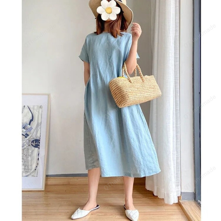 Round Neck Short Sleeve Cotton Dress/Casual Loose Mid-Calf Dress/Boho Clothing/Summer Beach Clothing/Long Maxi Linen Dress/Gift For Her
