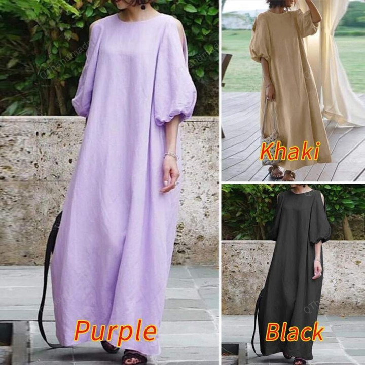 Casual Robe Ruffles Puff Sleeve Maxi Dress/Vintage Linen Summer Dress/Boho Clothing/Summer Beach Clothing/Cotton Elegant Dress/Gift For Her