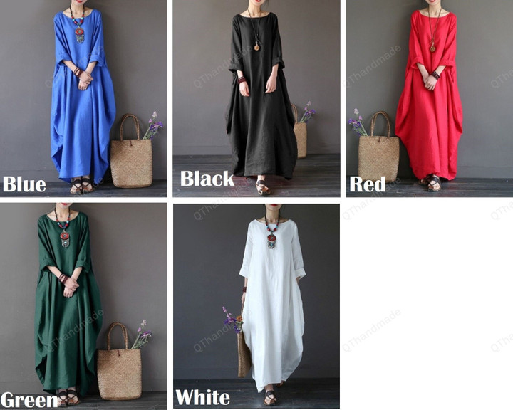 Elegant Long Sleeve O Neck Maxi Kaftan Dress/Boho Clothing/Summer Beach Clothing/Gift For Her/Casual Vintage Solid Vestidos Dress