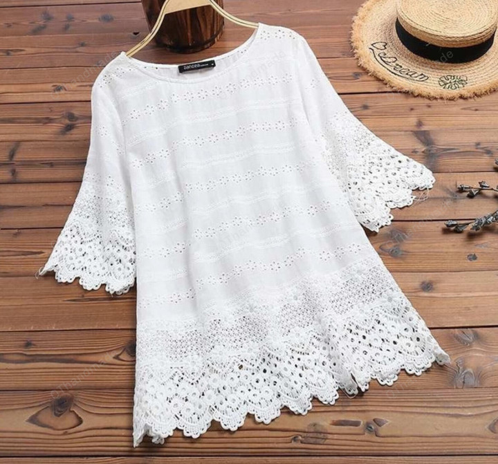 PLUS SIZE Summer Women Cotton White Blouse Sweet Girl Hollow Out Embroidery Lace Half Sleeve Shirt Work Tunic Blusas Tops/Linen Clothing