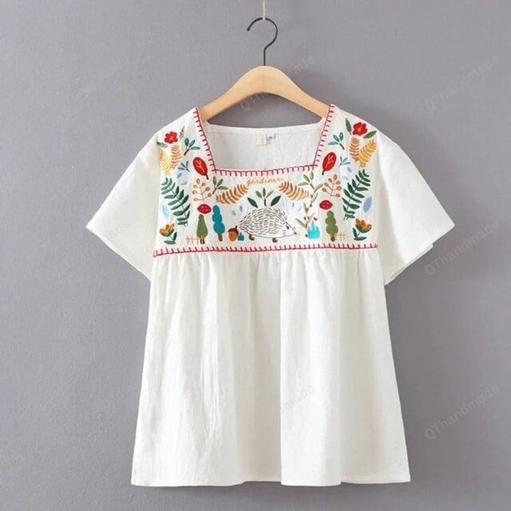 Mori Girl Leaves Gardener Hedgehog Embroidery Floral Ethnic Vintage White Boho Hippie Blouse Loose Tops/Summer Beach Clothing/Linen Clothing