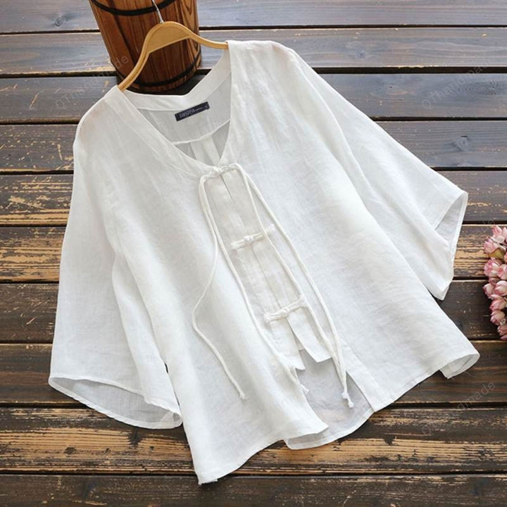 3/4 Women Sleeve Buttons Blouse/Solid Loose Blusas Tunic Tops/Vintage Cotton Linen Shirt/Boho Retro Clothing/Linen Clothing/Summer Beach Tee