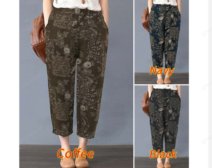 Women Elastic Waist Harem Pants/Summer Vintage Trousers/Retro Floral Printed Pantalon Turnip Cotton Pants/Boho Retro Clothing/Linen Clothing