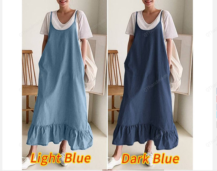 Women Denim Blue Sundress/Summer Vintage Ruffles Casual Straps Solid Midi Dress/Boho Retro Clothing/Summer Beach Clothing/Linen Clothing