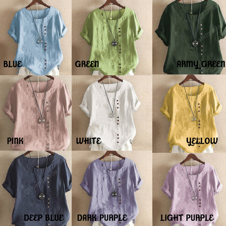 Floral Blouse/Women Summer Print Loose T-shirt Vintage Round Neck Cotton linen Short Sleeve Blouse Button Tops S-5XL/Summer Beach Clothing