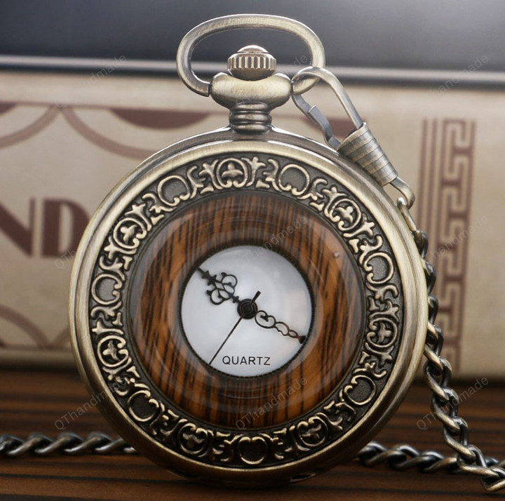 Vintage Wood Round Analog Half Hunter Case Quartz Pocket Watch/White Dial Chain Clock Necklace Pendant Watch/Best Gifts/Valentine Gifts