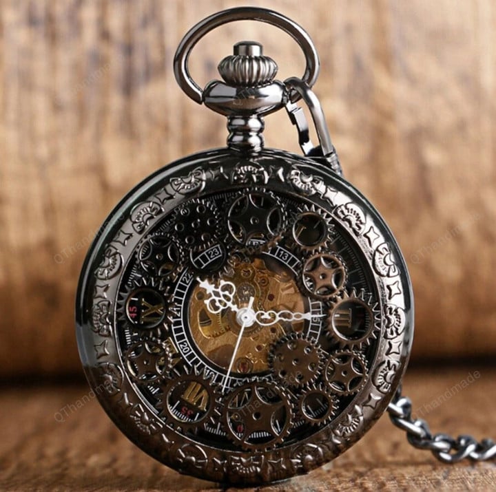 Vintage Gear Wheel Skeleton Mechanical Pocket Watch Hollow Case Hand Winding Pendant Clock Roman Numerals Retro Watch for Men/Best man gifts