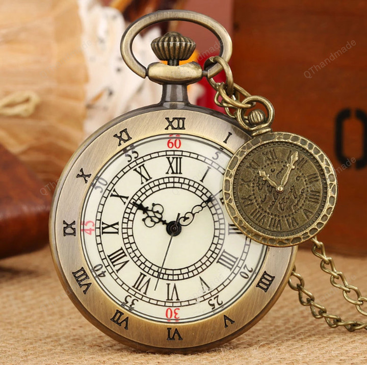 Open Face Quartz Pocket Watch Roman Numbers Analog Display Pendant Bronze Retro Clock Necklace Chain with Clock Accessory/Best man Gifts