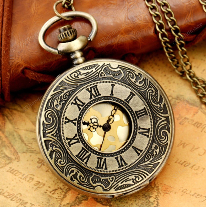 Antique Bronze Roman Numerals Hollow Hunter Necklace Pocket Watch Quartz Antique Pendant Chain Clock Gifts for Men Women/Valentines Gift