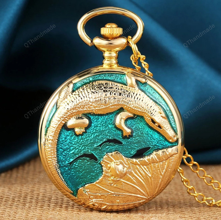 Royal Luxury Golden Color Crocodile Display Quartz Pocket Watch Necklace Fashion Blue Pendant Chain FOB Steampunk Watches Gifts/Gothic Watch