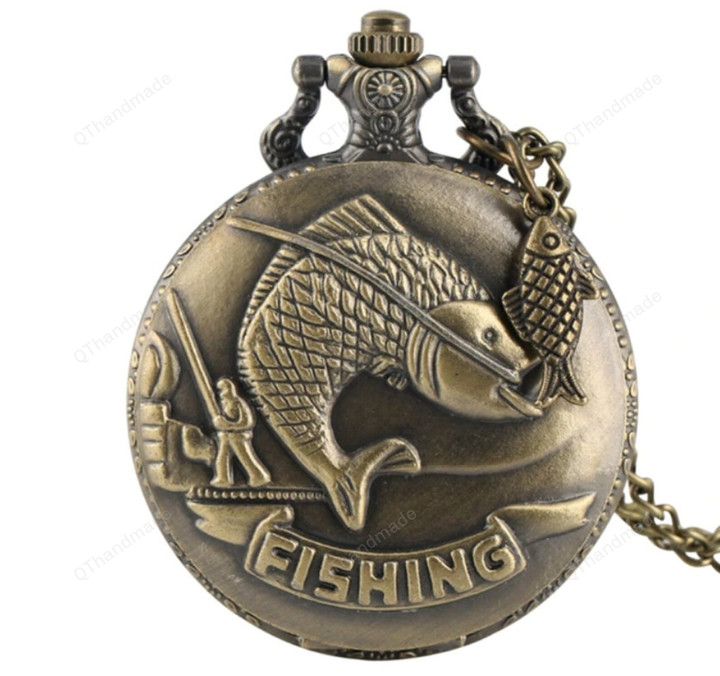 Vivid Fishing Carving Design Quartz Pocket Watch/Tradition Sacrifice/boyfriend gift ideas/Valentine gifts/Vintage fishing dad Gifts