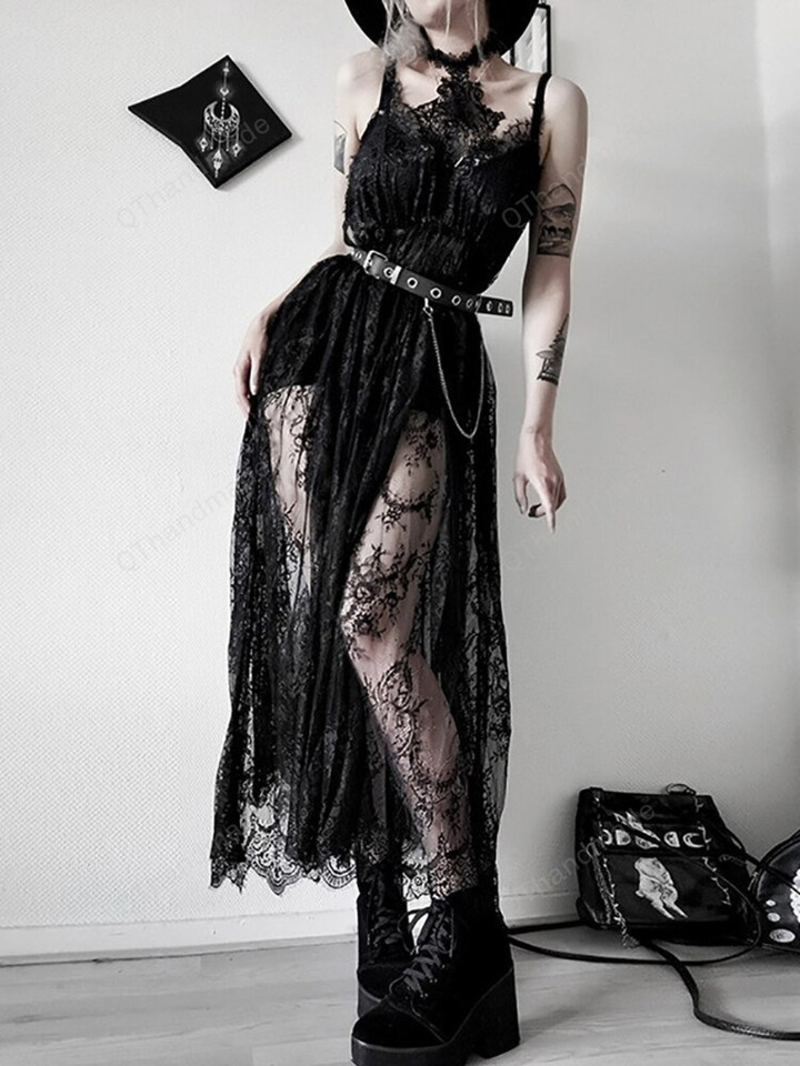 Lace See Through Mall Gothic Midi Dresses Women Grunge Aesthetic Black Sexy Dress Halter Sleeveless Alt Night Clubwear/Goth Dress/ Sexy Girl