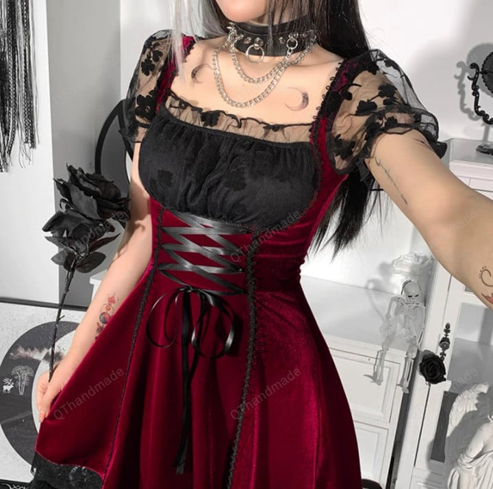 Dark Goth Black Lace Up Corset Dresses Women Harajuku Vintage Lace A Line Dress Aesthetic Patchwork Red Sexy Party Dress/Goth Dress