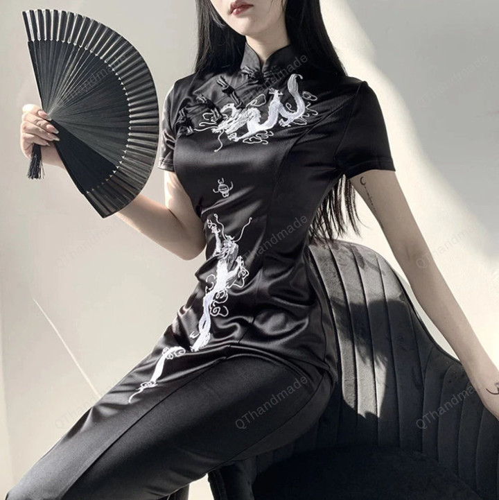 Retro Cheongsam Black Gothic High Waist Bandage Midi Women Bodycon Short Sleeve Party Dress Evening Club Plus Size 3xl/Goth Dress/Emo Girl
