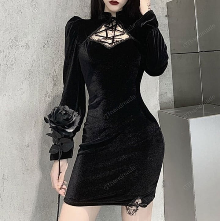 Gothic Vintage Elegant Black Velvet Dress Women Harajuku Lace Up Hollow Out Long Sleeve Dress Slim High Waist Mini Dress/Valentines Gift