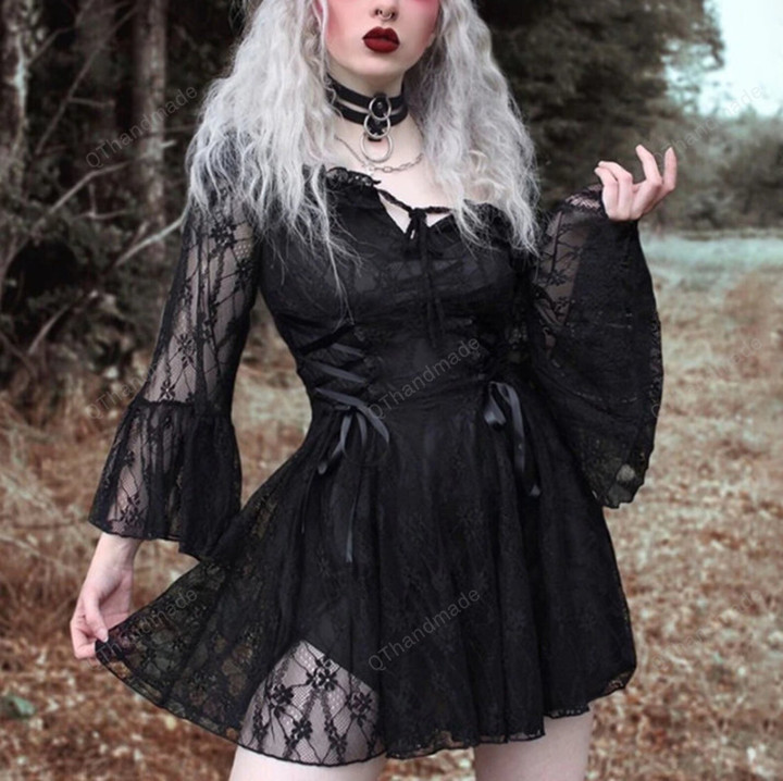 Gothic Black Knitted Pentagram Print Cardigan Women Fairy Grunge Harajuku Sweater Outerwear Long Sleeve Autumn Crop Coat/Goth Dress