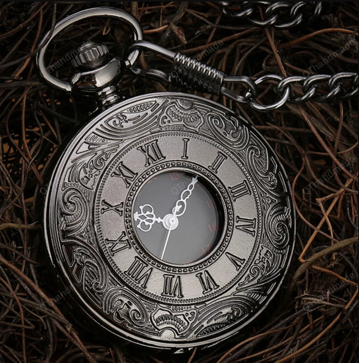 Black Roman Numerals Quartz/Pocket Watch/Men Women Black Hollow Case Steampunk Vintage Pendant Necklace/Best Gifts/Halloween Gifts