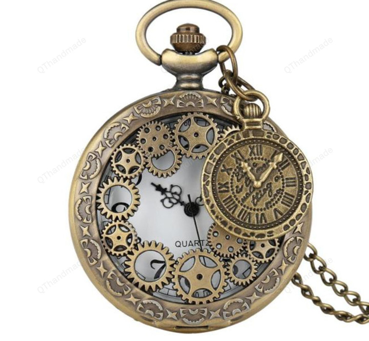 Vintage Antique Copper Steampunk Bronze Hollow Gear Quartz Pocket Watch/Necklace Pendant Clock Chain Men Women with Accessory
