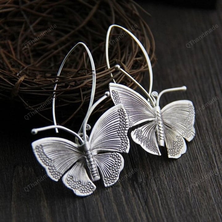 Vintage Silver Color Butterfly Earrings, Ancient Metal Butterfly Dangle Earrings, Jewelry Gift, Gothic Accessories, Gift For Her