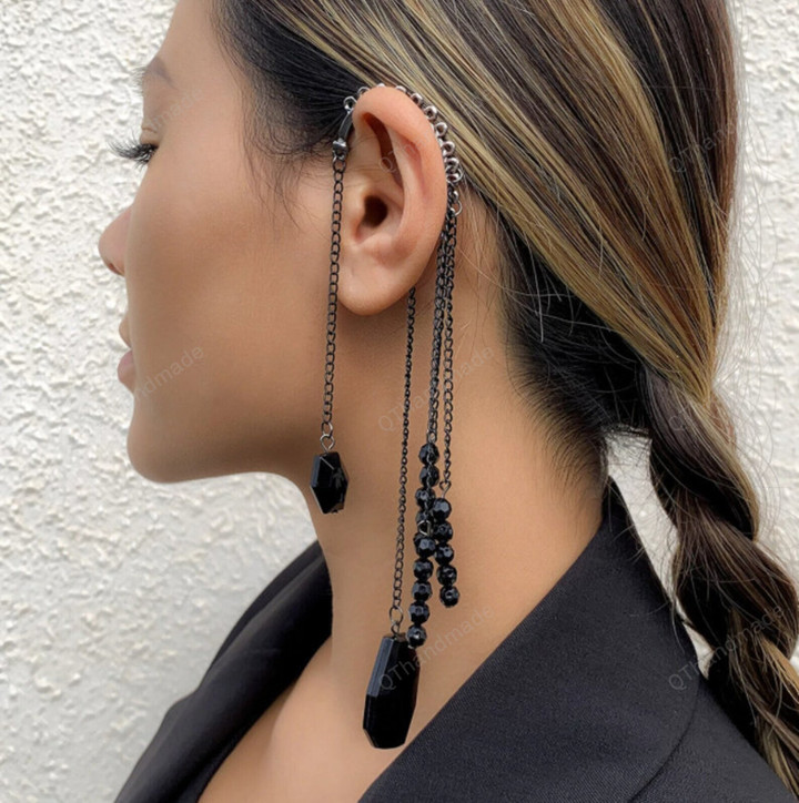 Punk Style Crystal Tassel Ear Clip on Clip Earrings Exquisite Black Beads Long Tassels Hanging Jewelry Clamp Cuff Earring/Gothic Earrings