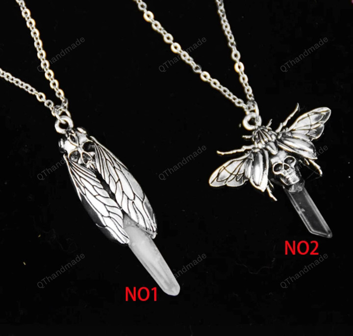 Gothic Death Skull Moth Cicada with Quartz Pendant Necklace Animal Occult Jewelry/Occult Jewelry/Hippy Jewelry/Fairy Necklace/Wiccan Jewelry