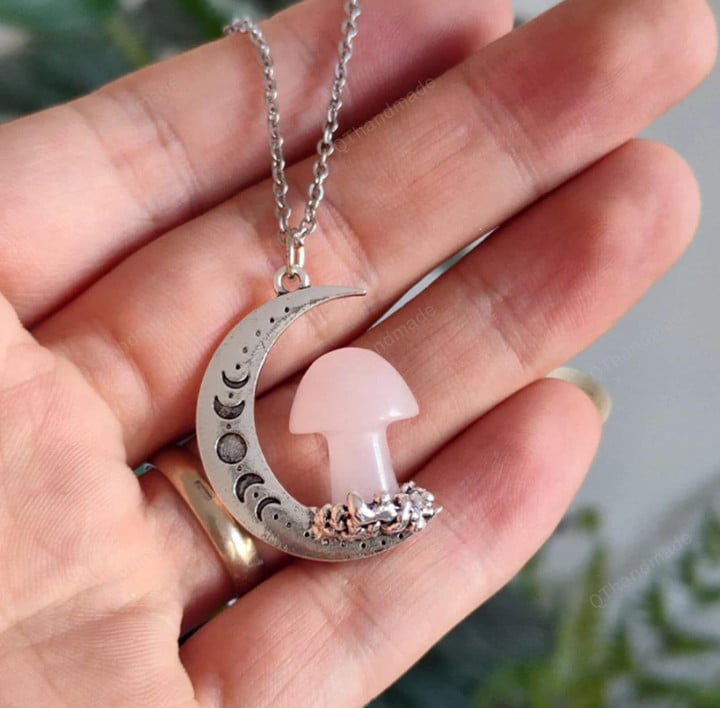 Witch Moon Phase Quartz Stone Mushroom Necklace for women Pagan Spirit Luck Gift/Pagan Occult/Occult Jewelry/Hippy Jewelry/Fairy Necklace