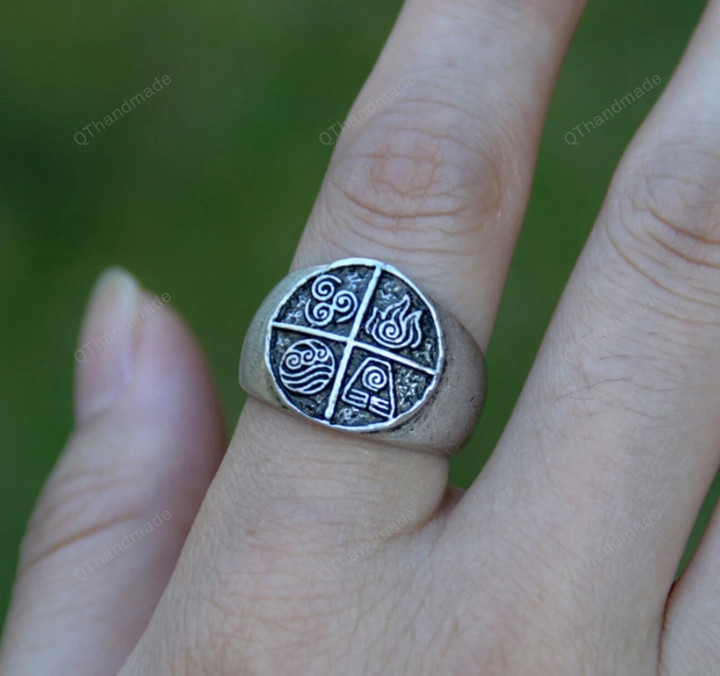 Silver Avatar The Last Airbender Air Fire Earth Water Elements Rings Amulet Jewelry/Statement Ring/Witchcraft jewelry/Boho Gothic Goth Ring